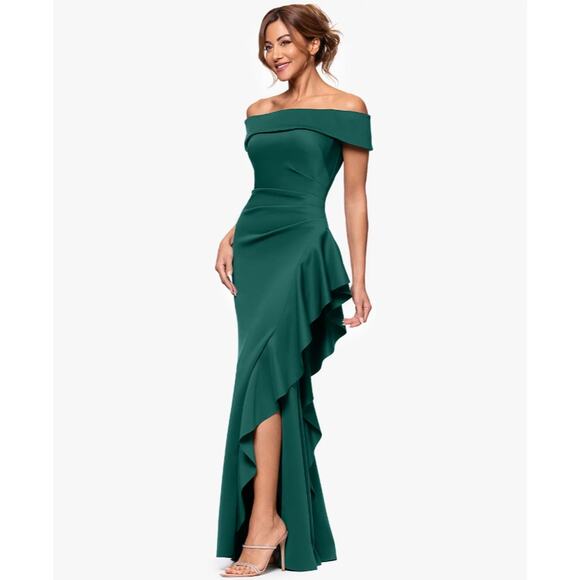 Xscape Size 14 Hunter Off the Shoulder Ruffle Gown Party Evenings Formal G36-9 - Picture 1 of 8
